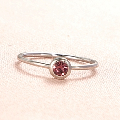 Crimson Glass Birthstone Style Diamond Finger Ring, Stainless Steel Ring, Crimson, Inner Diameter: 16.8mm