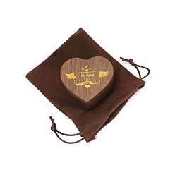 Camel Heart Wood Couple Ring Storage Box, Gold Logo Wedding Ring Magnetic Gift Case with Velvet Inside and Drawstring Bags, Camel, 6x5.5x3.4cm