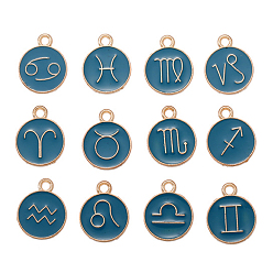 Steel Blue Alloy Enamel Pendants, Golden, Flat Round with Twelve Constellation Pattern, Steel Blue, 15x12mm, 12pcs/set