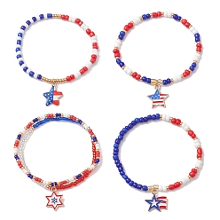 Mixed Color 4Pcs 4 Style Glass Seed Beaded Stretch Bracelets Sets, Independence Day Bracelets with Alloy Enamel Star Charms, Mixed Color, Inner Diameter: 2 inch(5.2cm), 1Pc/style