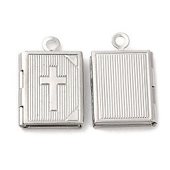 Stainless Steel Color 316 Surgical Stainless Steel Locket Pendants, Rectangle with Cross Charm, Stainless Steel Color, 17x11.5x2.5mm, Hole: 1.6mm, Inner Diameter: 6x9.5mm