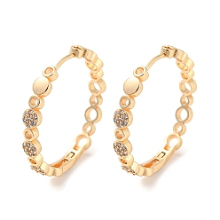 Light Gold Brass with Cubic Zirconia Hoop Earrings, Flat Round, Light Gold, 33.5x5mm