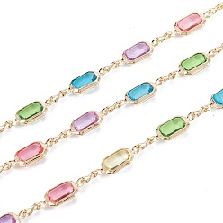 Colorful Rack Plating Brass Handmade Faceted Acrylic Rhinestone Beaded Chains, with Spool, Unwelded, Real 14K Gold Plated, Rectangle, Colorful, 14.5x6.5x2.5mm, 5.5x2x1mm, 32.8 Feet(10m)/roll