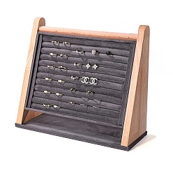 Gray Multi Slot Velvet Slant Back Ring Organizer Stands, with Wood Base, for Rings, Earrings Display, Gray, 31x11.5x27cm