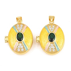 Желтый Подвески латуни медальон, с эмалью, стеклом и кубическим цирконием, без кадмия и без свинца, реальный 18 k позолоченный, стойки покрытие, долговечный, овальные амулеты, желтые, 26.5x21x9 мм, отверстие : 3x5 мм