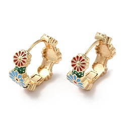 Red Real 18K Gold Plated Brass Flower Hoop Earrings, with Enamel, Red, 19x8.5mm