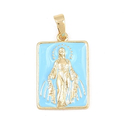 Небесно-голубой Латунь эмаль подвески, прямоугольник с подвесками Девы Марии, долговечный, стойки покрытие, без свинца и без кадмия, голубой, 22x14.5x2.5 мм, отверстие : 3.5x5 мм