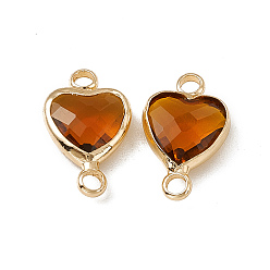 Smoked Topaz Transparent K9 Glass Connector Charms, Heart Links, with Light Gold Tone Brass Findings, Smoked Topaz, 14x8.5x3.7mm, Hole: 1.8mm