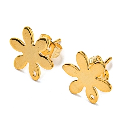 Real 24K Gold Plated 201 Stainless Steel Stud Earrings Finding, with 304 Stainless Steel Pins, Flower, Real 24K Gold Plated, 13x11.5mm, Hole: 1mm, Pin: 0.8mm