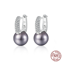 Platinum Rhodium Plated 925 Sterling Silver Hoop Earrings, with Natural Pearl Round Beads, Platinum, 15x7mm