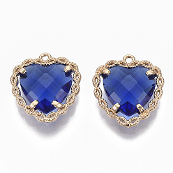 Blue Glass Pendants, with Brass Open Back Settings, Faceted, Heart, Light Gold, Blue, 18x16~17x5.5mm, Hole: 1.2mm