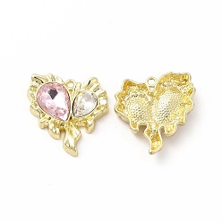 Pink Rack Plating Alloy with Glass Pendants, Light Gold, Heart with Teardrop Charms, Cadmium Free & Nickel Free & Lead Free, Pink, 29.5x27x16.5mm, Hole: 1.8mm