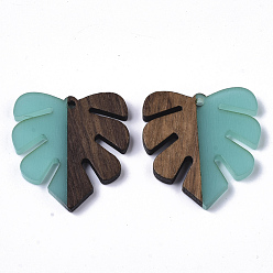 Dark Turquoise Resin & Walnut Wood Pendants, Tropical Leaf Charms, Monstera Leaf Pendant, Dark Turquoise, 30x28x3.5mm, Hole: 2mm