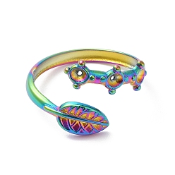 Rainbow Color Ion Plating(IP) 304 Stainless Steel Leaf Open Cuff Ring Finding, Pad Ring Settings, Rainbow Color, Inner Diameter: 17mm, Tray: 2mm
