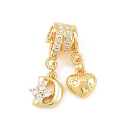 Letter D Латунные микропаве прозрачные подвески с фианитом, сердце прелести, долговечный, стойки покрытие, без кадмия и без свинца, реальный 18 k позолоченный, Буква D, 24 мм, отверстия : 3 mm и 4 мм, Сердце: 8.5x8x3.5 mm, Письмо: 10x8.5x3.5 мм