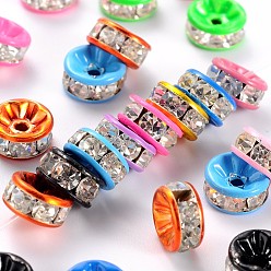 Mixed Color Painted Brass Spacer Beads, with Middle East Clear Rhinestone, Straight Edge, Rondelle, Mixed Color, 10x4mm, Hole: 2mm
