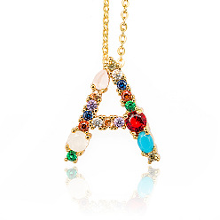 Letter A Golden Brass Micro Pave Cubic Zirconia Initial Pendants Necklaces, with Cable Chains, Colorful, Letter, Letter.A, 17.9~18.1 inch(45.5~46cm)x1.5mm, LetterA: 20.5x18.5x6mm