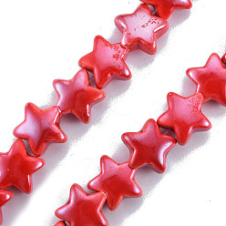 Red Handmade Porcelain Bead Strands, Pearlized, Star, Red, 14x15x7mm, Hole: 2mm, about 24~27pcs/strand, 10.63 inch~12.6 inch(27~32cm)