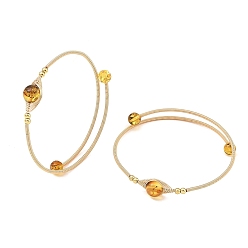 Golden Round Natural Amber Herringbone Wire-Wrapped Cuff Bangles, with Brass Beads and Copper French Wire, Golden, Inner Diameter: 2.17 inch(5.5cm)