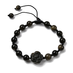 Золотой Обсидиан Регулируемые плетеные браслеты из натуральных золотисто-блестящих бусин обсидиана для женщин, роза, внутренний диаметр: 2-1/4~2-1/2 дюйм (5.8~6.5 см)