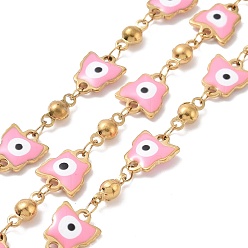 Pearl Pink Ion Plating(IP) Enamel Butterfly with Evil Eye Link Chains, with Gold Plated 304 Stainless Steel Findings, Unwelded, with Spool, Pearl Pink, 10x8.5x2mm, 8.5x4x3.5mm