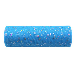 Deep Sky Blue 10 Yards Sparkle Polyester Tulle Fabric Rolls, Deco Mesh Ribbon Spool with Paillette, for Wedding and Decoration, Deep Sky Blue, 15cm