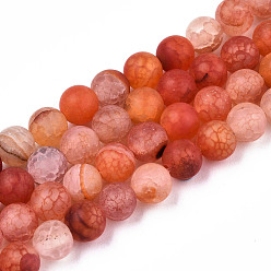 Tomato Natural Crackle Agate Beads Strands, Frosted, Dyed & Heated, Round, Tomato, 6mm, Hole: 0.8mm, about 63pcs/strand, 14.96 inch(38cm)