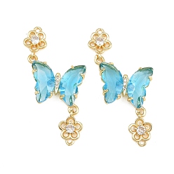Sky Blue Brass Micro Pave Cubic Zirconia Connector Charms, Butterfly with Flower Links, with Glass, Lead Free & Cadmium Free, Long-Lasting Plated, Rack Plating, Real 18K Gold Plated, Sky Blue, 46x21x4mm, Hole: 1.4mm