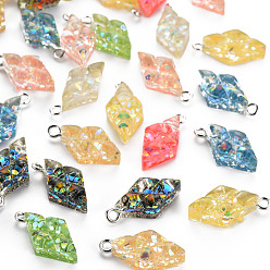 Mixed Color Epoxy Resin Pendants, with Sequins/Paillette and Platinum Plated Iron Loop, Rhombus, Mixed Color, 21~22x10x6.5mm, Hole: 2mm, Side Length: 9mm