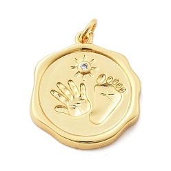 Зеленый Стойка металлическая латунная микропрофилированная кубическая циркония подвески, круглая с отпечатками ладоней и ног, с целью перехода в кольце, без свинца и без кадмия, долговечный, реальный 18 k позолоченный, зелёные, 22.5x20x3.5 мм, отверстие : 3 мм