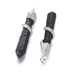 Lava Rock Natural Lava Big Pendants, with Brass Findings, Snake with Diamond, Platinum Metal Color, 60x12mm, Hole: 5x7mm