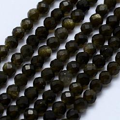 Golden Sheen Obsidian Natural Golden Sheen Obsidian Beads Strands, Faceted, Round, 3~3.5mm, Hole: 0.5mm, about 130~138pcs/strand, 15.7 inch(40cm)