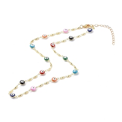 Colorful Brass Enamel Evil Eye Link Chain Necklaces, with 304 Stainless Steel Lobster Claw Clasps, Golden, Colorful, 17.71 inch(45cm)