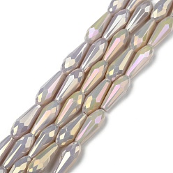 Rosy Brown Electroplated Opaque Glass Beads Strands, Full Rainbow Plated, Faceted, Teardrop, Rosy Brown, 15x6mm, Hole: 1mm, about 50pcs/Strand, 28.35 inch(72cm)