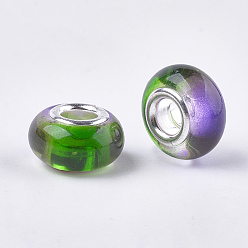 Lime Green Resin European Beads, Large Hole Beads, with Brass Double Cores, Two Tone, Rondelle, Lime Green, 14x8.5~9mm, Hole: 5mm