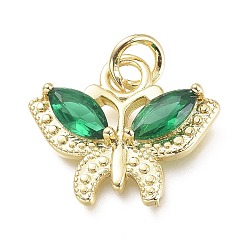 Dark Green Brass Micro Pave Cubic Zirconia Pendants, with Jump Rings, Butterfly, Real 18K Gold Plated, Dark Green, 16x19x4mm, Hole: 4.6mm