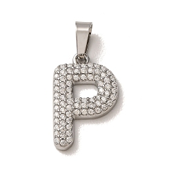 Letter P 304 Stainless Steel Micro Pave Clear Cubic Zirconia Pendants, Letter Charms, Stainless Steel Color, Letter P, 18x12.5x2.5mm, Hole: 6x2.5mm