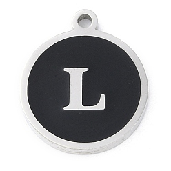 Letter L 201 подвески из нержавеющей стали, с черной эмалью, цвет нержавеющей стали, плоские круглые с буквы, Письмо L, 18.5x15.5x2 мм, отверстие : 1.6 мм