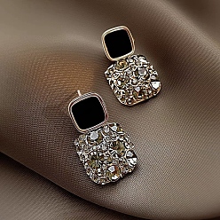 Square Alloy Rhinestone Dangle Earrings for Women, Enamel Earings, 925 Sterling Silver Pin, Square, 10mm
