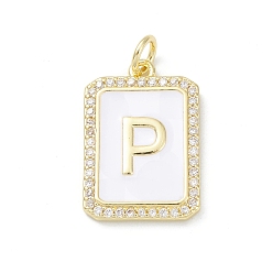 Letter P Brass Enamel Micro Pave Clear Cubic Zirconia Pendants, with Jump Ring, Real 18K Gold Plated, Rectangle Charm, Letter P, 20x13.5x2mm, Hole: 3.4mm