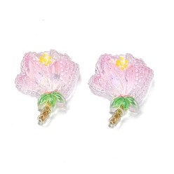 Pink Cabochons décodés en résine époxy transparente, avec paillettes, fleur, rose, 23.5x21x8.5mm