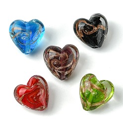 Mixed Color Handmade Gold Sand Lampwork Beads, Inner Flower, Heart, Mixed Color, 21x20.5x13.5mm, Hole: 1.8mm