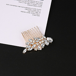 White Alabaster Flower Alloy Rhinestone Hair Combs, Hair Accessories for Women and Girls, White Alabaster, 50x60mm