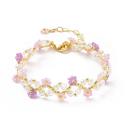Golden Shell Pearl & Glass Beaded Bracelets, Braided Lilac & Pink Flower Bracelets for Women, with Brass Chain Extender & Lobster Claw Clasp, Golden, 6-7/8x1/2~5/8 inch(17.6x1.2~1.5cm)