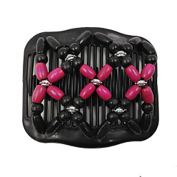 Camellia Plastic Hair Bun Maker, Stretch Double Hair Comb, with Wood Beads and Metal Findings, Camellia, 80x105mm