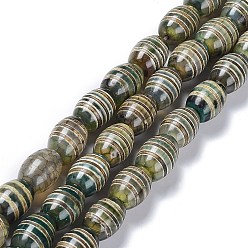 Striped Pattern Tibetan Style dZi Beads Strands, Natural Agate Beads, Dyed & Heated, Oval, Striped Pattern, 13~14x9.5~10mm, Hole: 1.2mm, about 25pcs/strand, 13.39''(34cm)