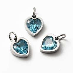 Cyan 304 Stainless Steel Pendants, with Cubic Zirconia and Jump Rings, Single Stone Charms, Heart, Stainless Steel Color, Cyan, 9x8x3mm, Hole: 3.6mm