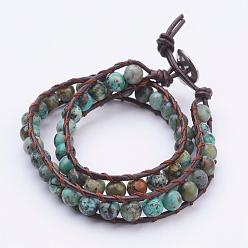 African Turquoise(Jasper) Two Loops Natural African Turquoise(Jasper) Wrap Bracelets, with Cowhide Leather Cord and 304 Stainless Steel Sewing Buttons, with Burlap Paking Pouches Drawstring Bags, 14.6 inch(370mm)