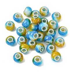 Light Sky Blue Two Tone Glass European Beads, Large Hole Beads, with Silver Tone Brass Double Cores, Rondelle, Light Sky Blue, 15x11mm, Hole: 5mm
