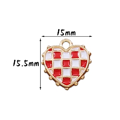 Red Valentine's Day Theme, Alloy Enamel Pendants, Golden, Heart with Tartan Pattern, Red, 15.5x15mm
